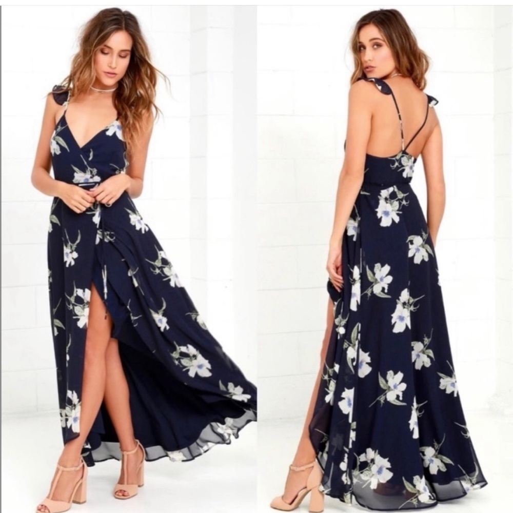 LuLus All Mine Floral Wrap Dress Navy XS